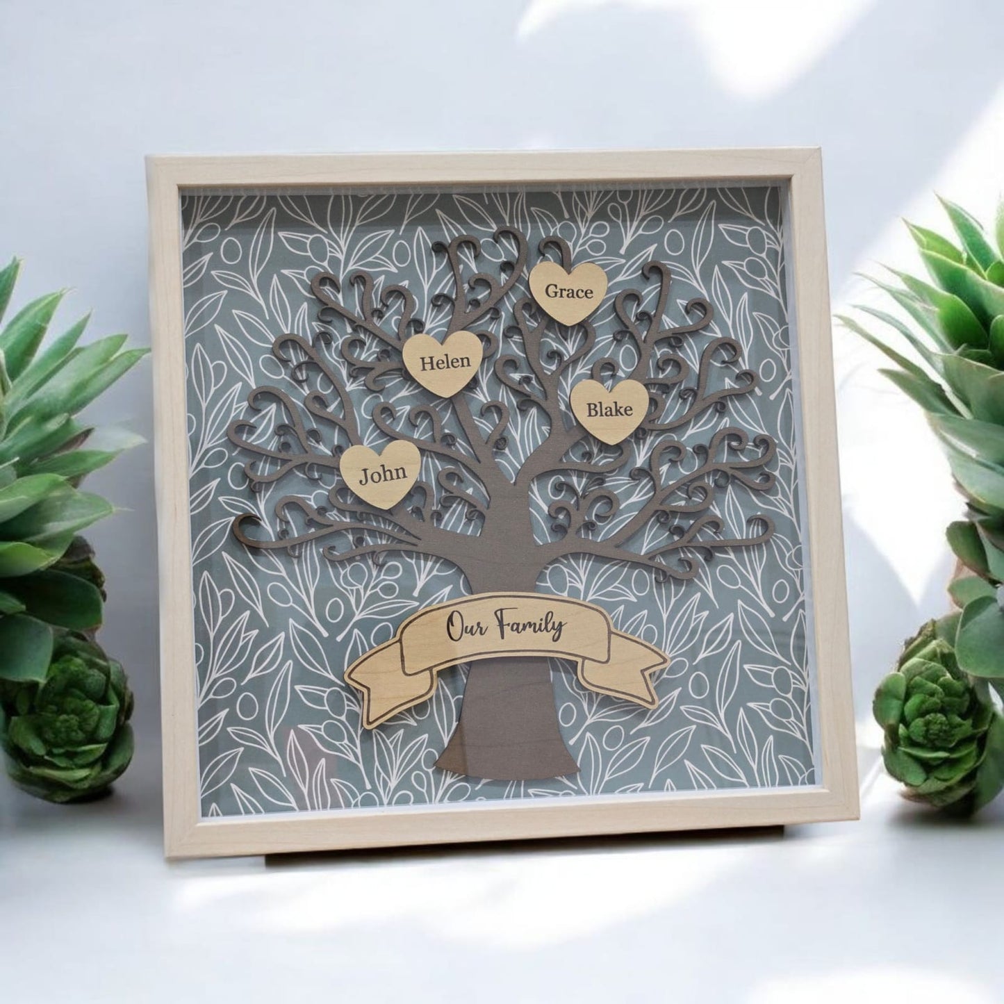Whimsical Family Tree Frame – Personalized with Engraved Hearts and Banner